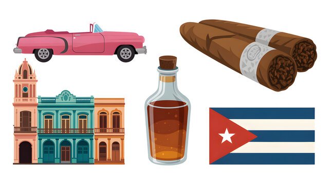Cuban symbols set with classic car, cigars, rum