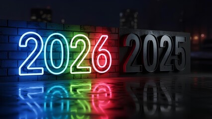 Neon sign displaying the year 2026 next to the year 2025 in a dark, reflective urban setting, symbolizing the transition to the new year