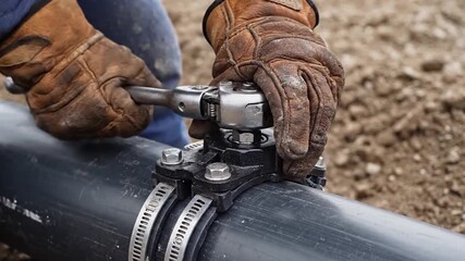 Pipe joint repair with tools and protective gloves