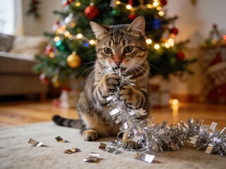 A cat is playing with a Christmas tree decoration