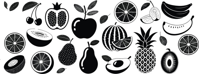 Black and white fruit illustration set featuring apples, citrus, bananas, pineapple, berries, and tropical fruits in hand drawn silhouette style isolated on white background © Hasem Creative