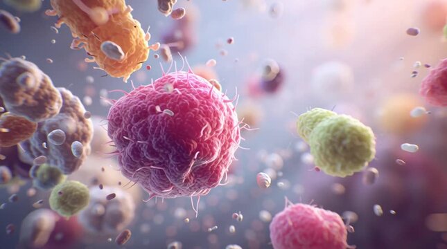 Macro 3D rendering of the intestinal microbiome showing diverse bacteria forms floating in softly lit fluid, illustrating gut health, digestion, and microbial balance in an educational, scientific sty