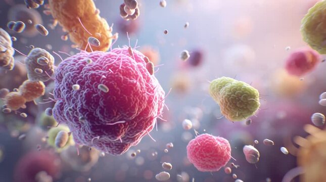 Macro 3D rendering of the intestinal microbiome showing diverse bacteria forms floating in softly lit fluid, illustrating gut health, digestion, and microbial balance in an educational, scientific sty