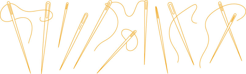 Sewing needle illustration set with threaded needles and loose thread lines, showing hand stitching tools in minimal outline style isolated on white background