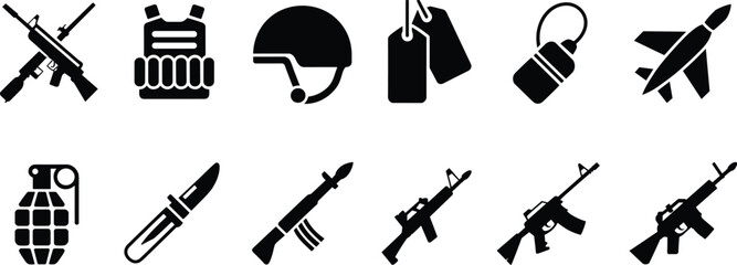 Obraz premium Military weapon icons set featuring firearms, ammunition, grenades, missiles, tactical gear and combat equipment in black flat silhouette style isolated on white background