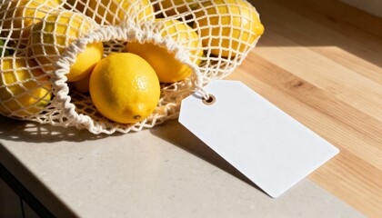 Product packaging mockup background with lemons in a reusable mesh bag and a blank white tag, offering ample copy space for modern design and branding, ideal for e-commerce and marketing.