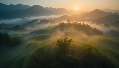 Misty Rice Field Landscape at Dawn