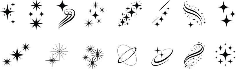 Black and white sparkle and star icons collection featuring magic effects, twinkles, shooting stars, and cosmic decorative elements in flat silhouette style isolated on white background