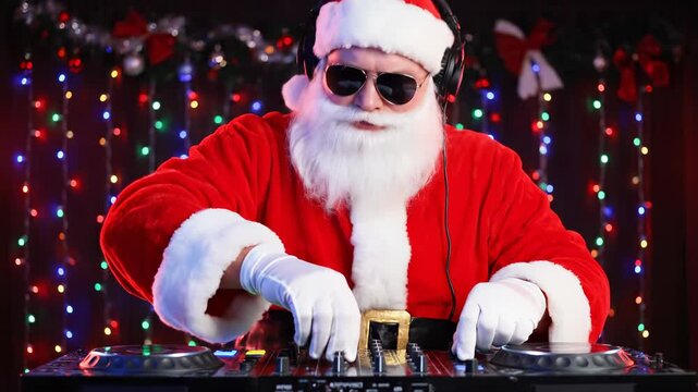 Santa Claus DJs festive party with vibrant lights. Holiday spirit fills air as joyful music plays. Excitement and fun create magical atmosphere.