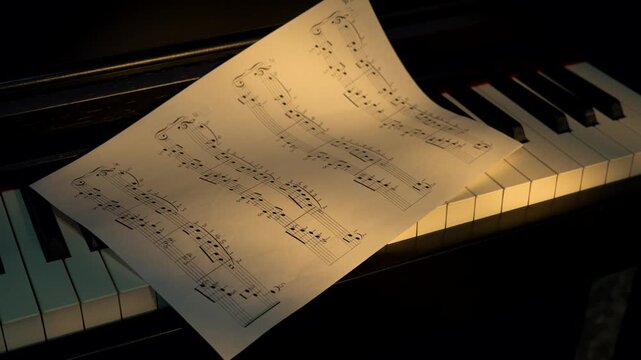 Sheet Music on Piano Keyboard with Warm Light
