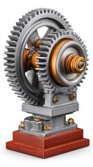 Intricate mechanical gears interlocking on a polished metal and wood base
