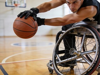 A man in a wheelchair is holding a basketball