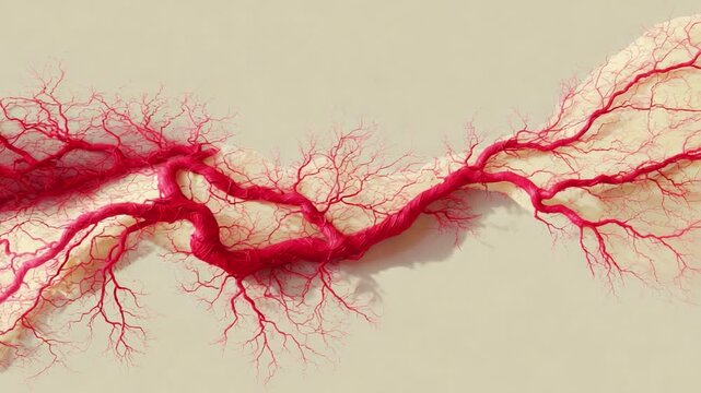An Artistic Representation of Human Vascular Structure Showcase with Intricate Red Veins and Capillaries Spread Across a Neutral Background, Symbolizing the Complexities of the Circulatory System