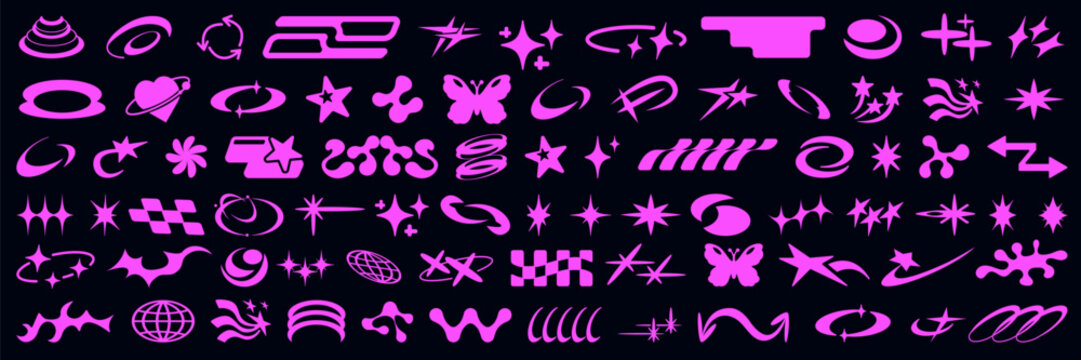 Set of bling Y2K star icons with sparkle shapes and retro shine elements. Abstract geometric set for stickers or modern graphic design packs.