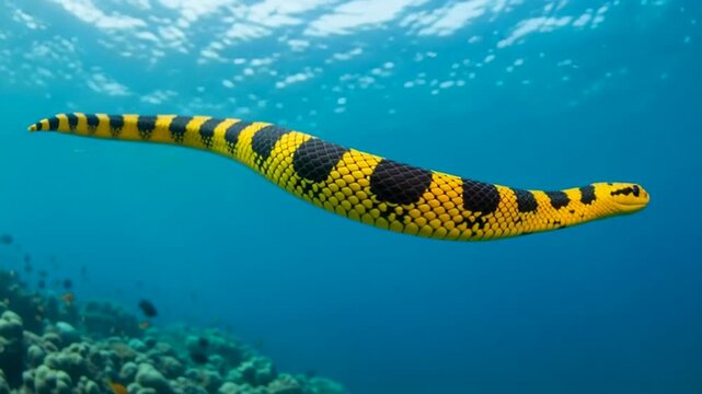 Banded sea krait swimming gracefully in clear blue ocean water near a coral reef.
