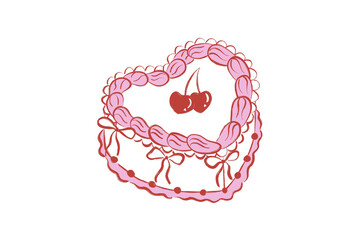 Heart shaped cake with cherries dessert doodle Valentine illustration Design