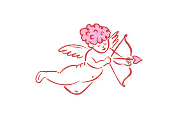 Flying cupid angel with bow and arrow doodle Valentine illustration Design