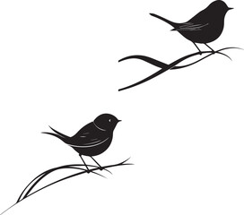 Nature bird silhouette icon set perched branch black vector on white background