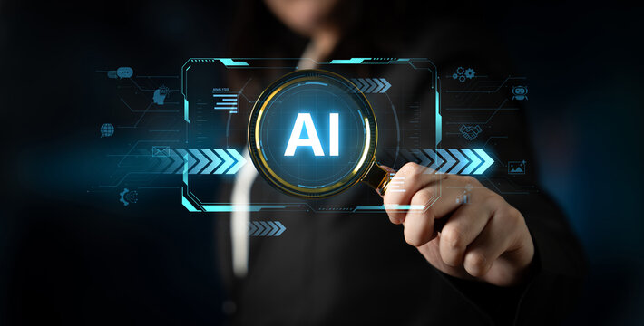 Concept of advanced Artificial Intelligence technology. A futuristic heads-up display shows the core system processing data, representing machine learning and complex analysis. Fermion - Powered by Adobe