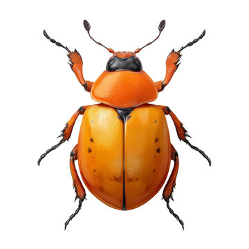 Vibrant orange and yellow beetle with intricate black markings isolated on a stark background