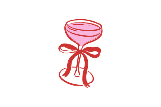  Pink cocktail glass with ribbon bow doodle Valentine illustration Design