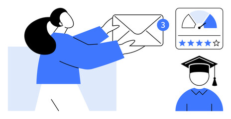 Email notification. A person receives an email highlighted with a notification badge. Educational achievements with a graduate icon and star rating. For education, email communication, e-learning