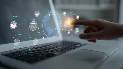 A global business network and digital infrastructure concept. A worldwide connection of services including data, finance, and secure communication. Motif