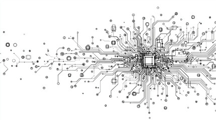 Cybernetic Symphony: A detailed monochrome illustration captures the intricate elegance of a computer motherboard, symbolizing the cutting edge of technology.