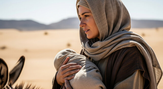 Cinematic AI generated illustration of the Flight into Egypt. Virgin Mary holding Baby Jesus riding a donkey in the desert, escaping from King Herod Matthew 2.