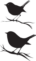 Nature bird silhouette icon set perched branch black vector on white background