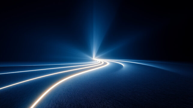 Illuminated Path: A mesmerizing display of radiant light trails converge towards a bright point, evoking a sense of forward momentum and innovation in a visually stunning image. - Powered by Adobe