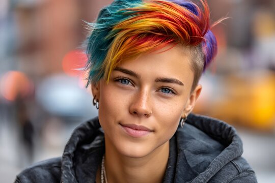 Person with rainbow hair looking at camera