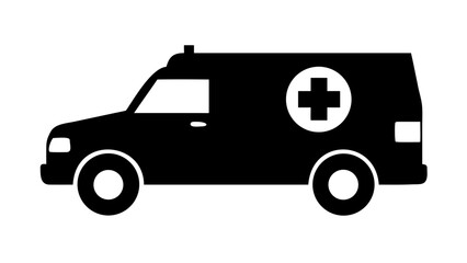 Fototapeta premium Black silhouette of an ambulance van with a white cross symbol on the side, representing medical emergency services and urgent healthcare transport