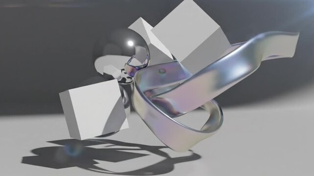 Abstract 3d geometric shapes background with floating metallic spheres white cubes and iridescent liquid ribbon animation
