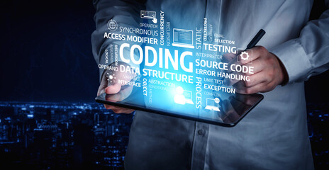 A close-up view of hands holding a tablet displaying illuminated coding concepts like source code and data structure, set against a dark city skyline. Tessel