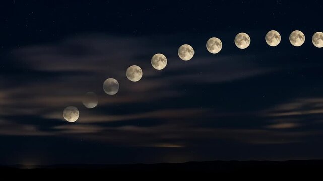 A sequence of moons in different phases is displayed against a dark, star-filled night sky.