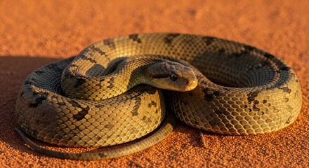 Fototapeta premium Inland Taipan (Oxyuranus microlepidotus) coiled on red desert sa