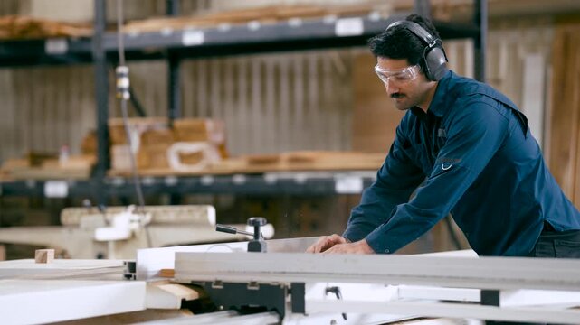 Concentrated woodworker in safety gear operating an electric table saw. Skilled carpenter cutting a wooden board in a large workshop