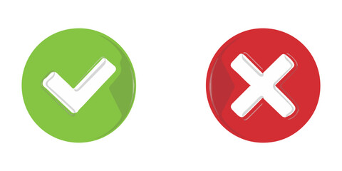 Hand drawn of Green check mark and Red cross isolated. Right and wrong icon. Vector illustration.