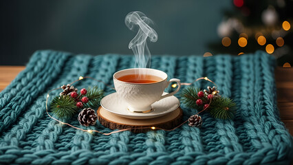 A steaming cup of tea on a knitted blanket with pinecones, evergreen branches, and lights against a blurred Christmas tree, ideal for cozy holiday relaxation themes, hygge lifestyle content