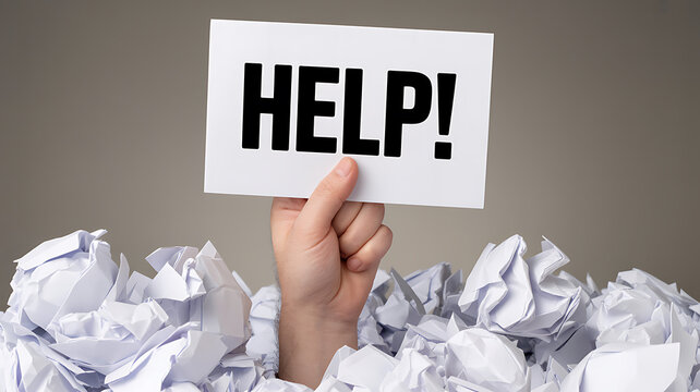 Hand Emerging from a Large Pile of Crumpled Paper Holding a Help Sign Illustrating Stress Workload and Burnout at Work - Powered by Adobe