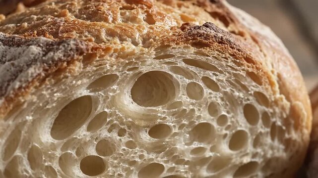 Closeup of a freshly baked sourdough bread with a crispy crust and an open airy crumb texture showcasing the perfect fermentation and artisanal baking process.