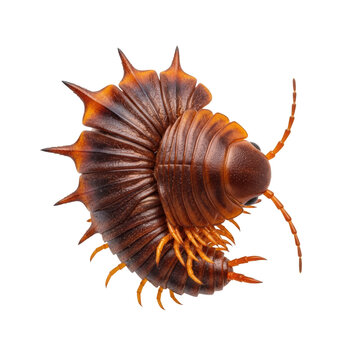 macro photograph of a dark brown polydesmida millipede, highly detailed segmented chitinous exoskeleton and orange legs, isolated against a pure white background, scientific documentation concept