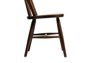 A solitary classic vintage wooden chair of dark espresso aged oak, featuring heavily weathered texture and rich patina, isolated on a pure white studio background, concept of material history