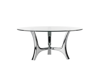 ultra-modern round glass coffee table featuring three elegantly curved, polished chrome legs, isolated against a high-key white cyclorama, conveying sophisticated modern furniture design elegance