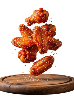 Crispy golden-brown buffalo chicken wings, thickly coated in glossy red sauce, levitating above a dark wood board with scattered sesame seeds, dramatic studio lighting, appetizing commercial product