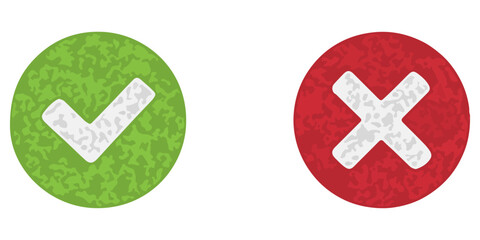 Hand drawn of Green check mark and Red cross isolated. Right and wrong icon. Vector illustration.