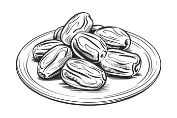 Plate of dried dates ranked as minimalist line art illustration, showcasing simple dishware and fruit, suitable for food packaging, culinary design, and healthy snack concept projects.
