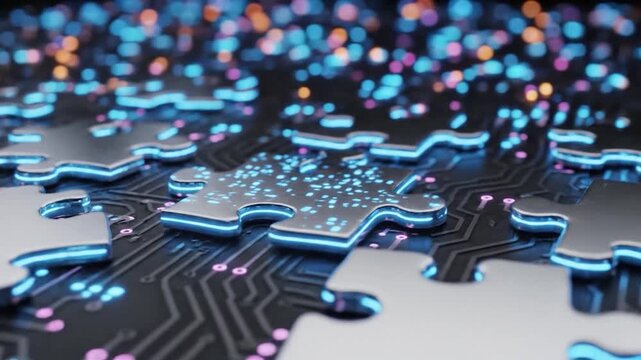 Puzzle pieces interlocking with circuit board technology concept