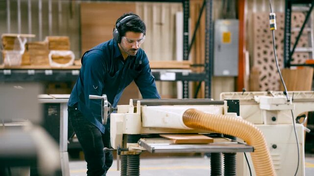 Professional woodworker wearing safety gear processing a wood plank with a thickness planer. Detailed shot of a man working in a busy workshop